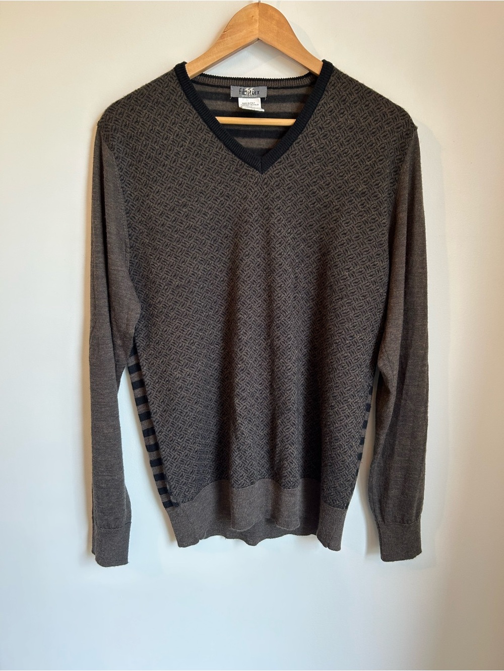 Fibretex Italy Men's Merino Wool Alpaca Blend V-Neck Sweater Striped Knit Large